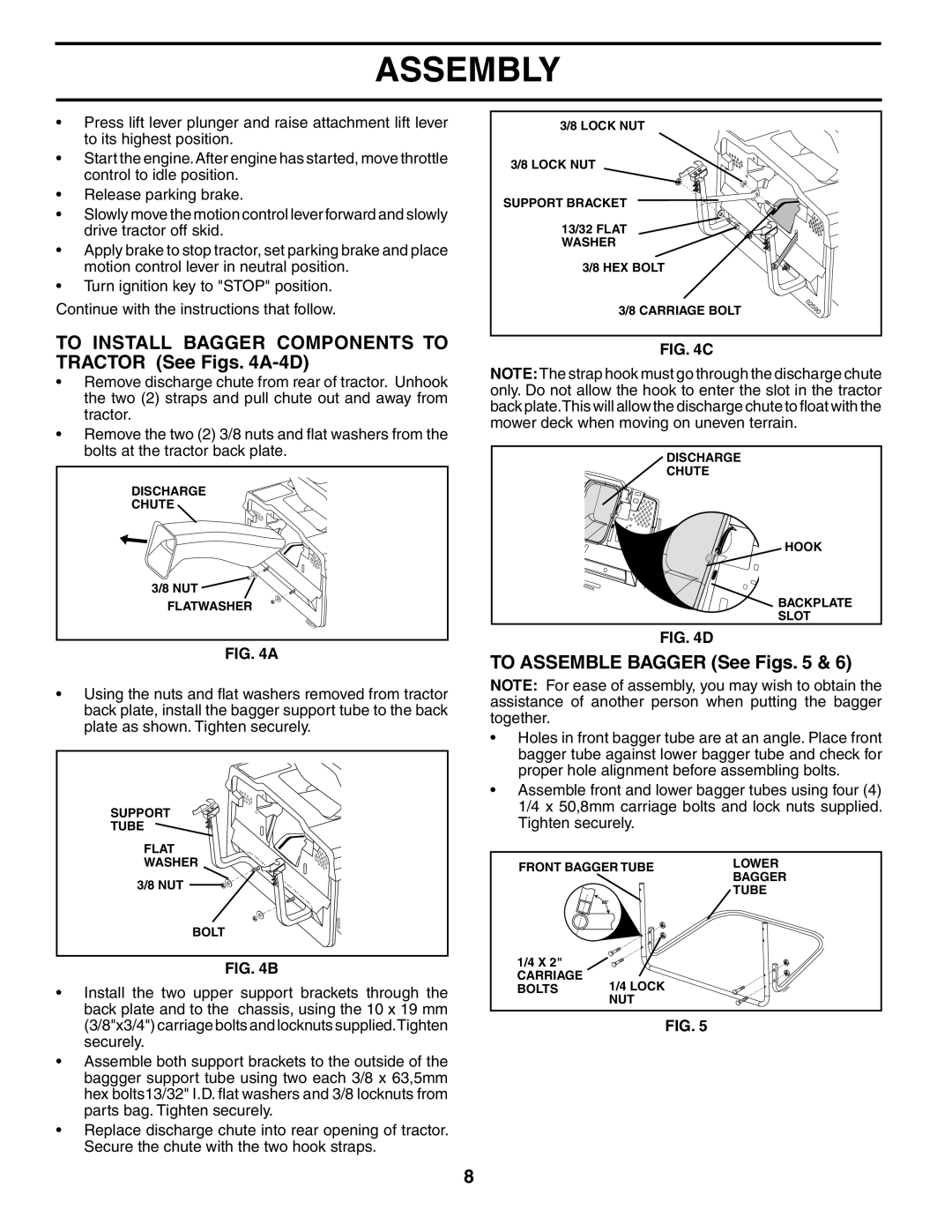 Husqvarna CTH180 XP owner manual To Install Bagger Components to Tractor See Figs A-4D, To Assemble Bagger See Figs 