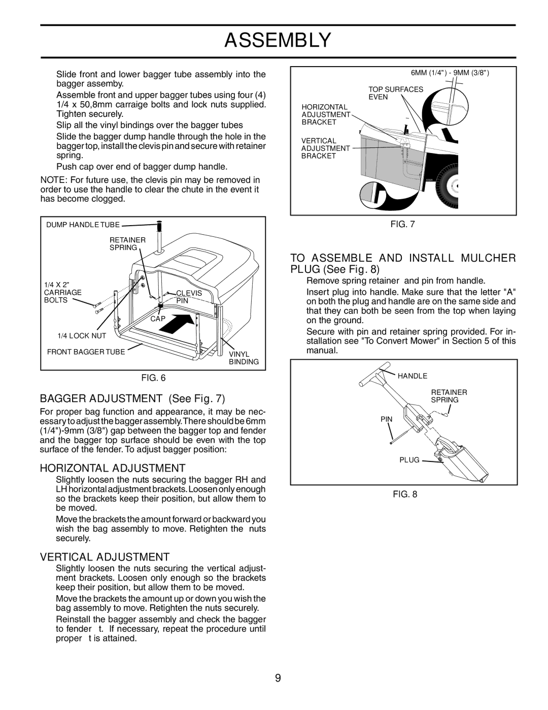 Husqvarna CTH180 XP To Assemble and Install Mulcher Plug See Fig, Bagger Adjustment See Fig, Horizontal Adjustment 