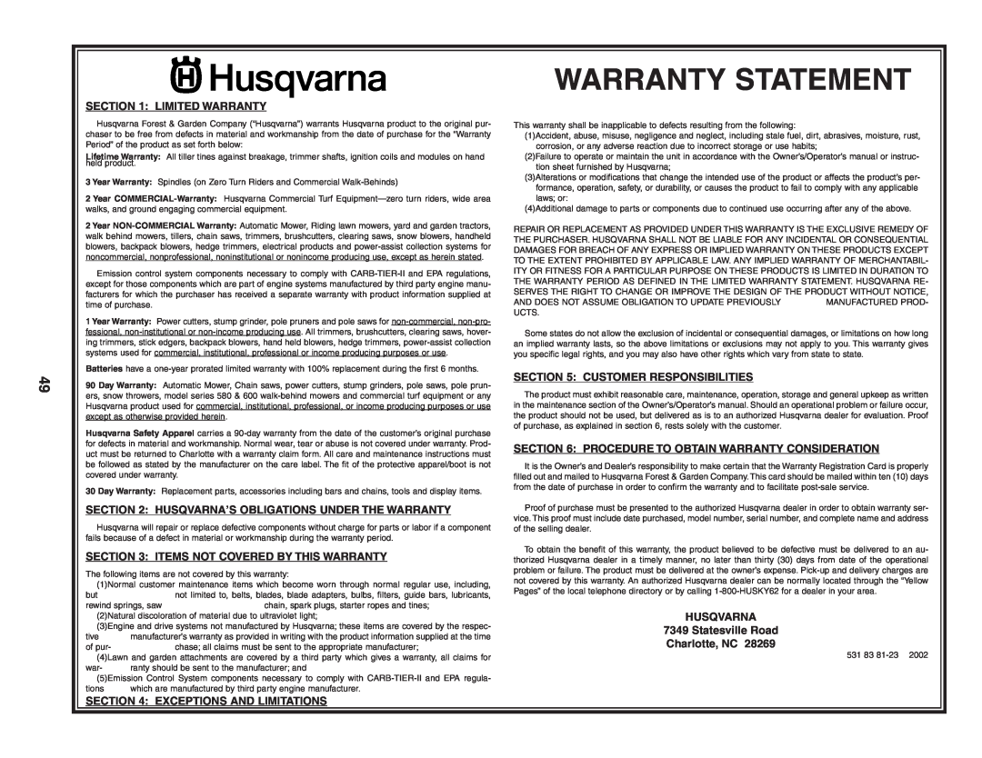 Husqvarna CTH180 XP Warranty Statement, Limited Warranty, Items Not Covered By This Warranty, Exceptions And Limitations 