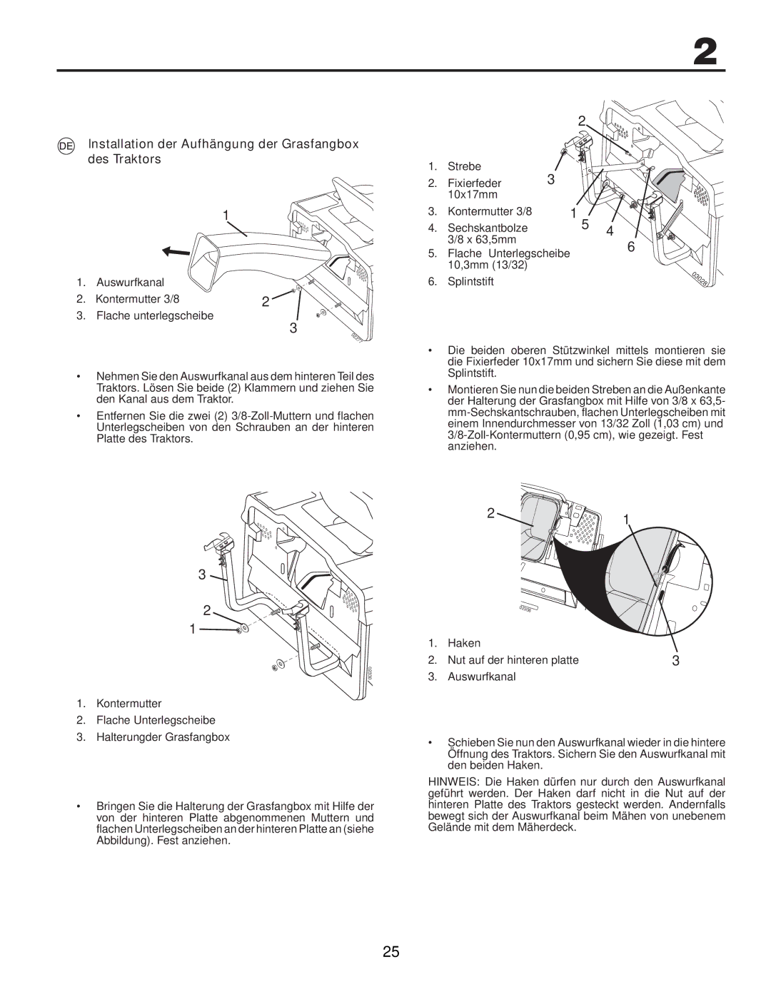 Husqvarna CTH180 TWIN, CTH200 TWIN instruction manual Installation der Aufhängung der Grasfangbox des Traktors 