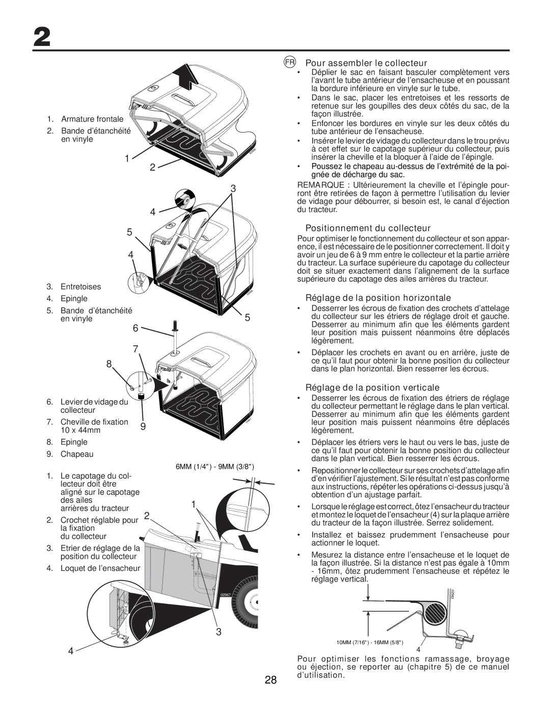 Husqvarna CTH200 TWIN Pour assembler le collecteur, Positionnement du collecteur, Réglage de la position horizontale 