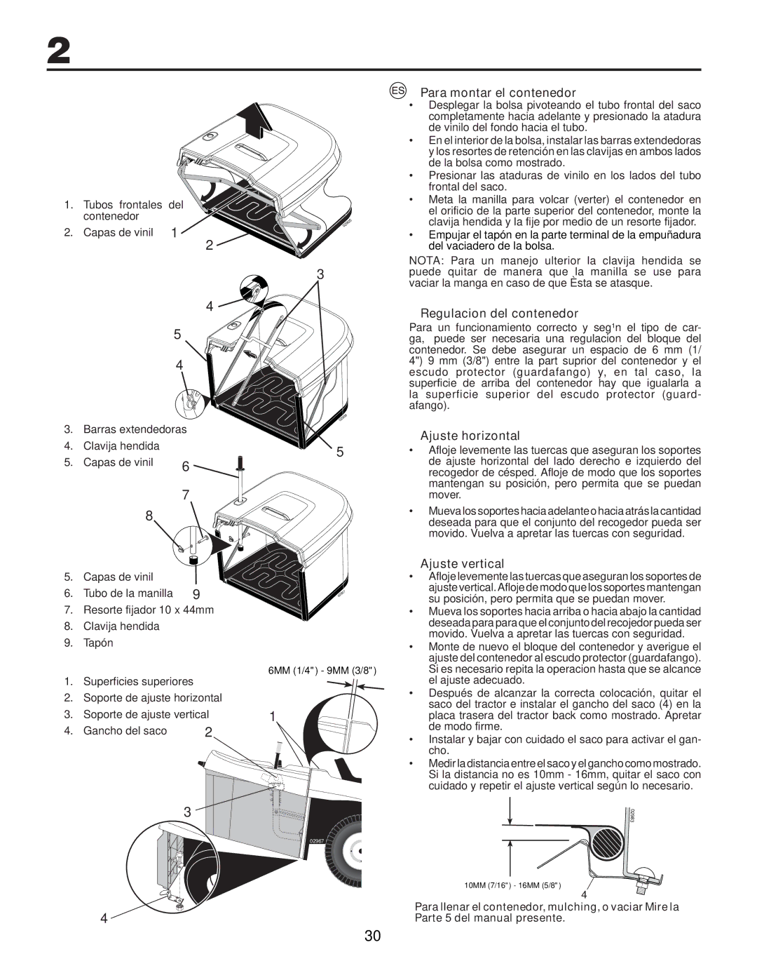 Husqvarna CTH200 TWIN Para montar el contenedor, Regulacion del contenedor, Ajuste horizontal, Ajuste vertical 