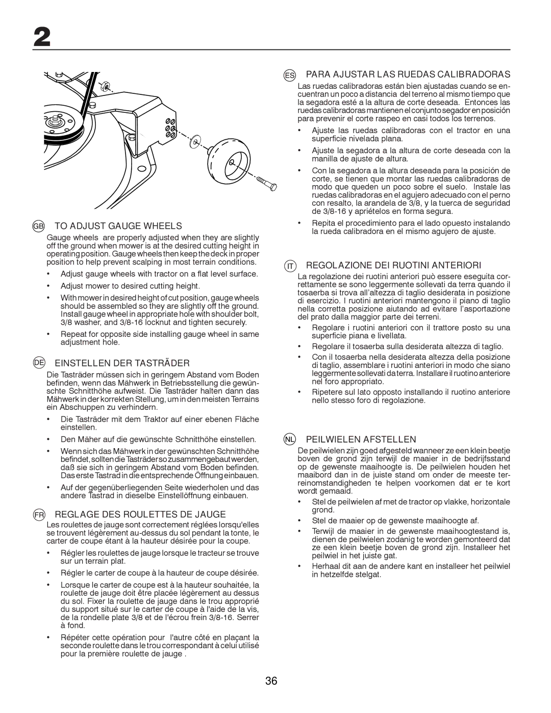 Husqvarna CTH200 TWIN, CTH180 TWIN To Adjust Gauge Wheels, Einstellen DER Tasträder, Reglage DES Roulettes DE Jauge 