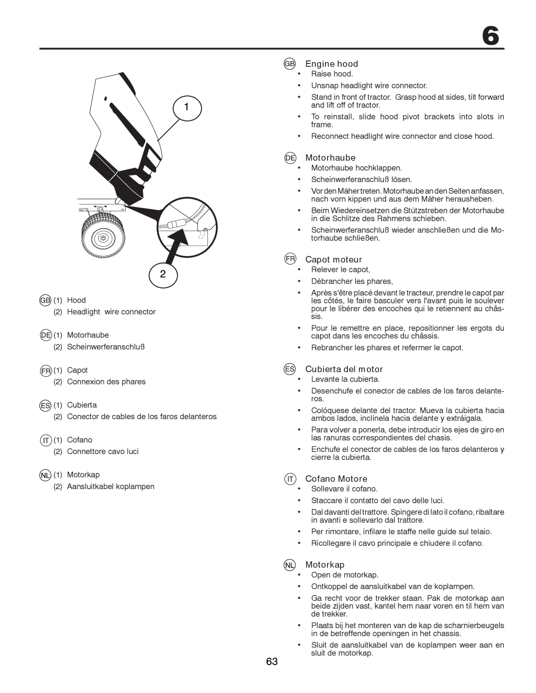 Husqvarna CTH180 TWIN, CTH200 TWIN Engine hood, Motorhaube, Capot moteur, Cubierta del motor, Cofano Motore, Motorkap 