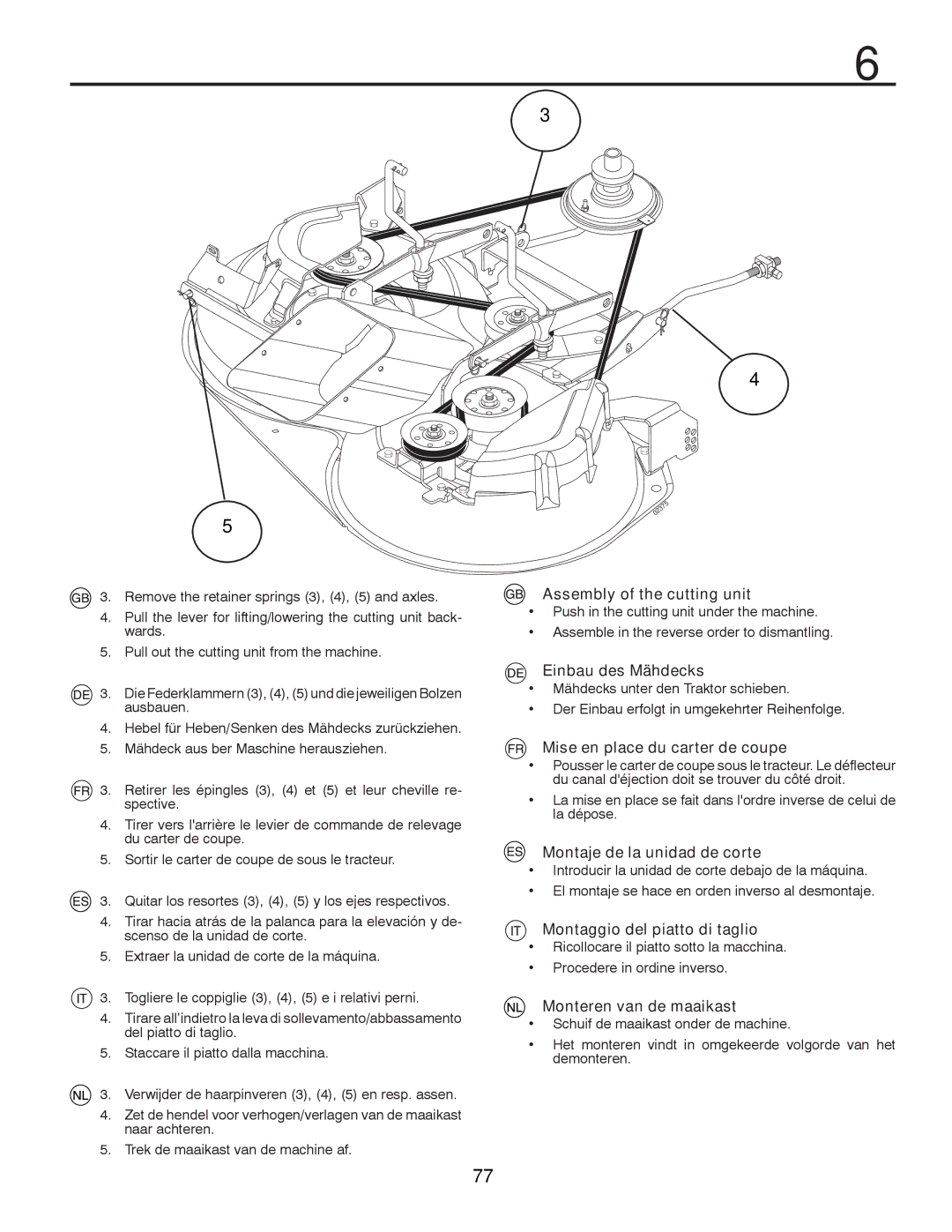 Husqvarna CTH180 TWIN, CTH200 TWIN Assembly of the cutting unit, Einbau des Mähdecks, Mise en place du carter de coupe 