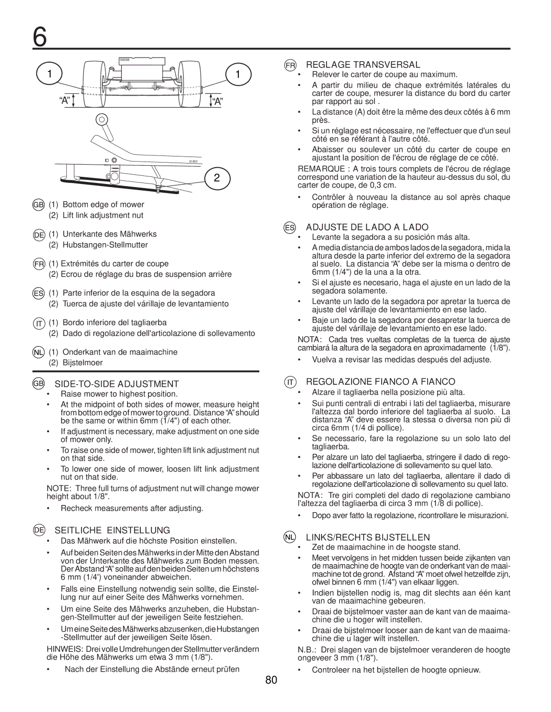 Husqvarna CTH200 TWIN SIDE-TO-SIDE Adjustment, Seitliche Einstellung, Reglage Transversal, Adjuste DE Lado a Lado 