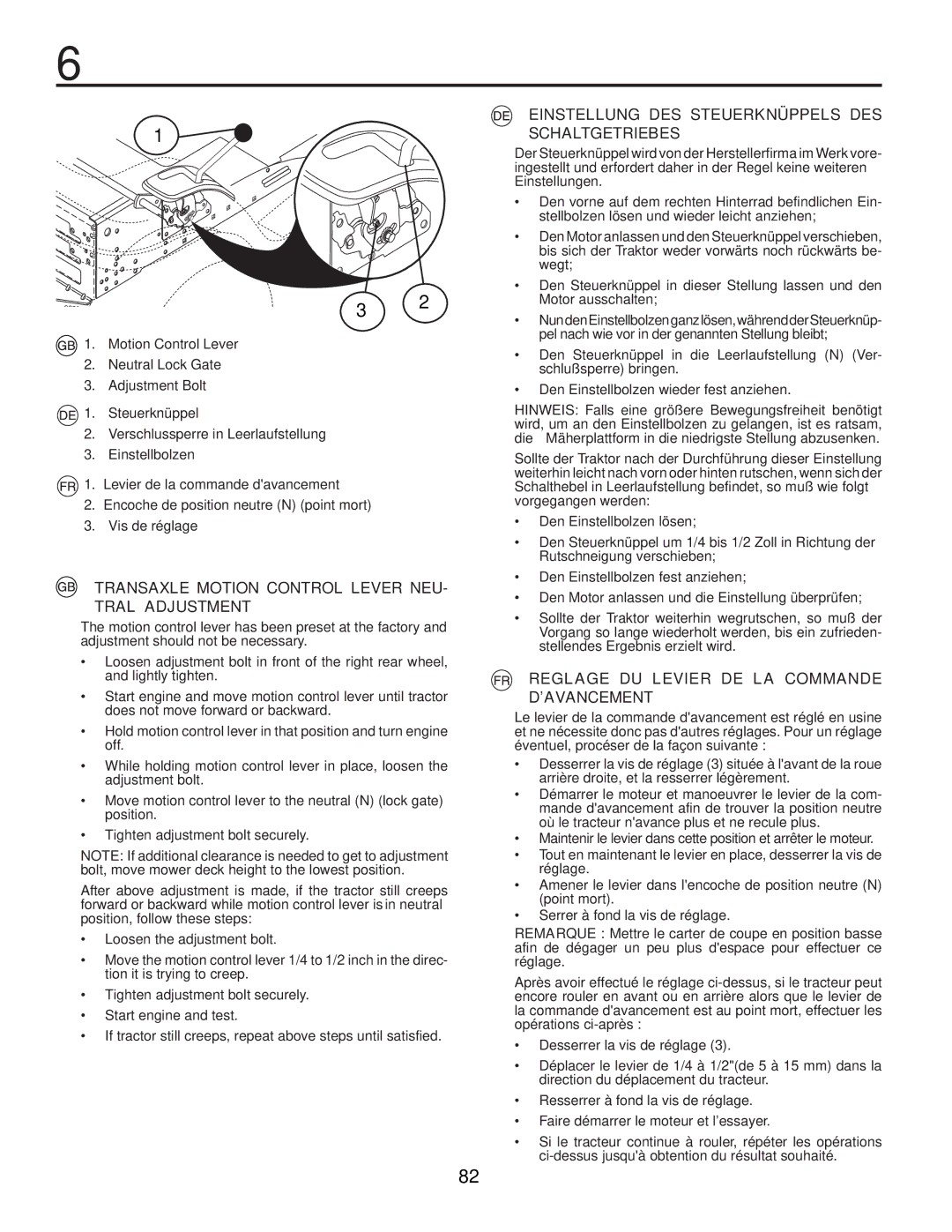 Husqvarna CTH200 TWIN Transaxle Motion Control Lever NEU- Tral Adjustment, Reglage DU Levier DE LA Commande D’AVANCEMENT 