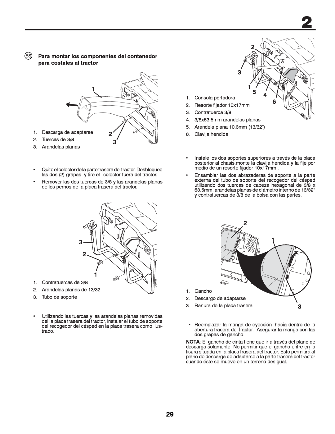 Husqvarna CTH180 TWIN, CTH200 TWIN instruction manual Para montar los componentes del contenedor para costales al tractor 