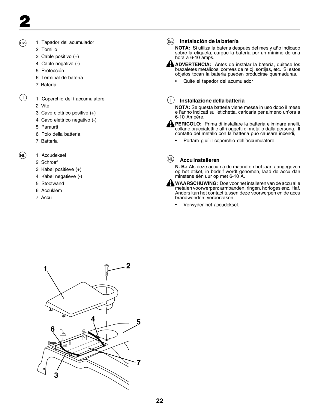 Husqvarna CTH200 instruction manual Esp Instalación de la batería, Installazione della batteria, NL Accu installeren 