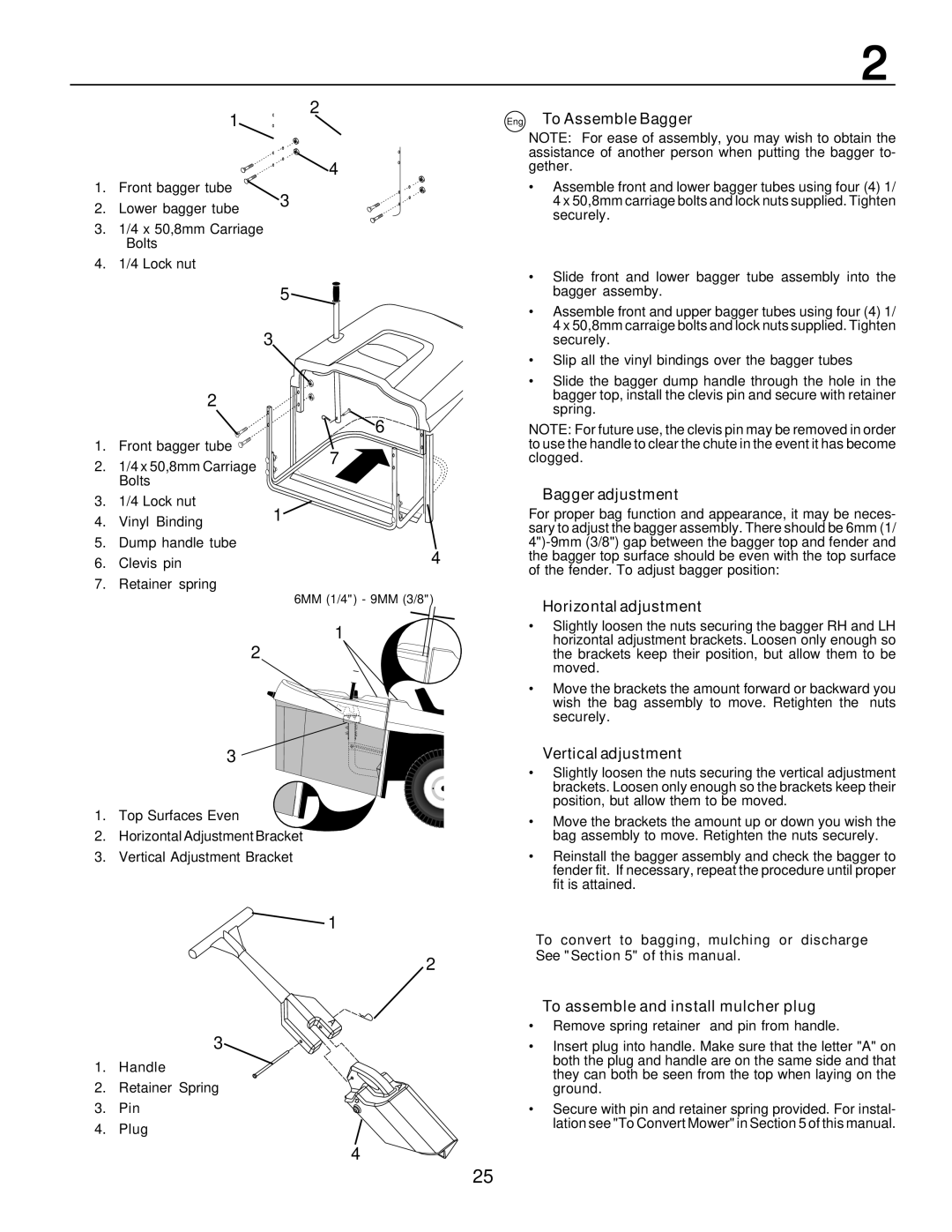 Husqvarna CTH200 instruction manual Eng To Assemble Bagger, Bagger adjustment, Horizontal adjustment, Vertical adjustment 