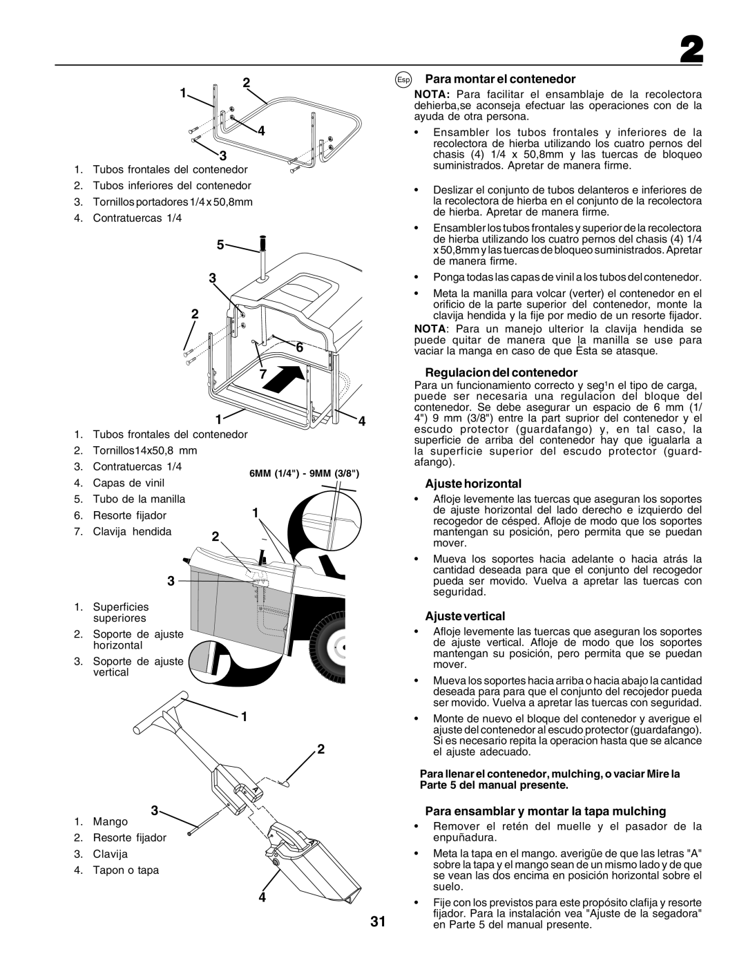 Husqvarna CTH200 Esp Para montar el contenedor, Regulacion del contenedor, Ajuste horizontal, Ajuste vertical 