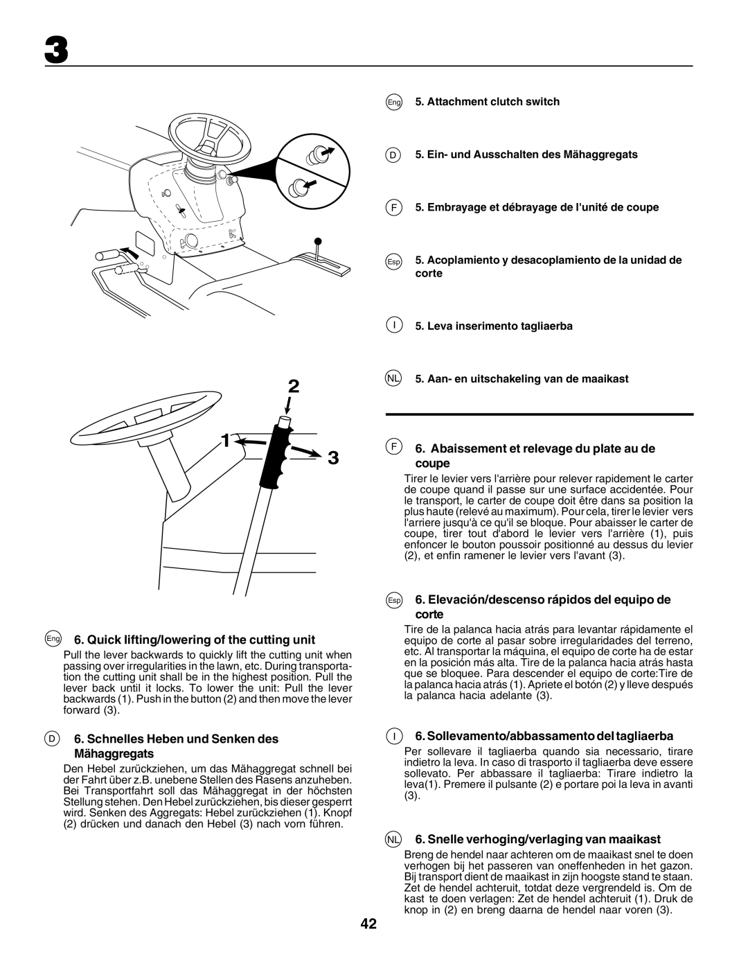 Husqvarna CTH200 Eng 6. Quick lifting/lowering of the cutting unit, Schnelles Heben und Senken des Mähaggregats 