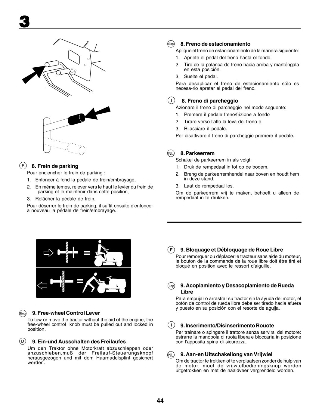 Husqvarna CTH200 Frein de parking, Eng 9. Free-wheel Control Lever, Ein-und Ausschalten des Freilaufes, NL 8. Parkeerrem 