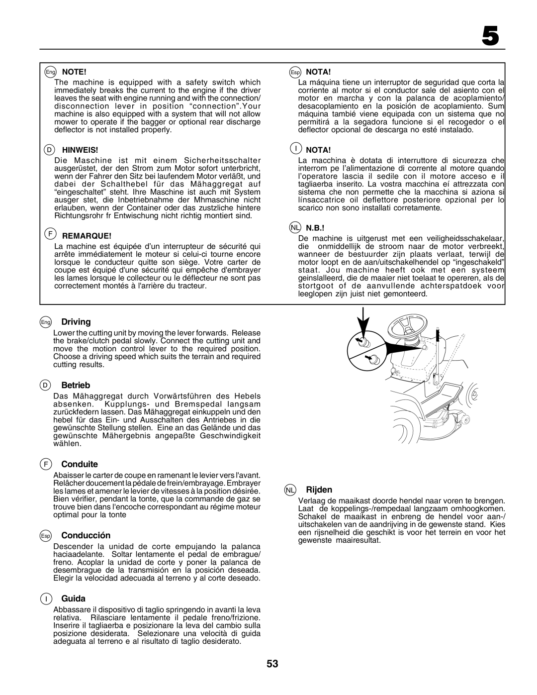 Husqvarna CTH200 instruction manual Eng Driving, Betrieb, Conduite, Esp Conducción, NL Rijden, Guida 