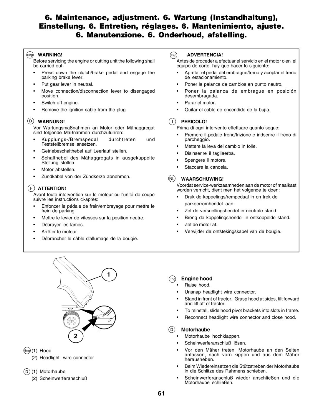 Husqvarna CTH200 instruction manual Eng Engine hood, Motorhaube, Esp Advertencia 