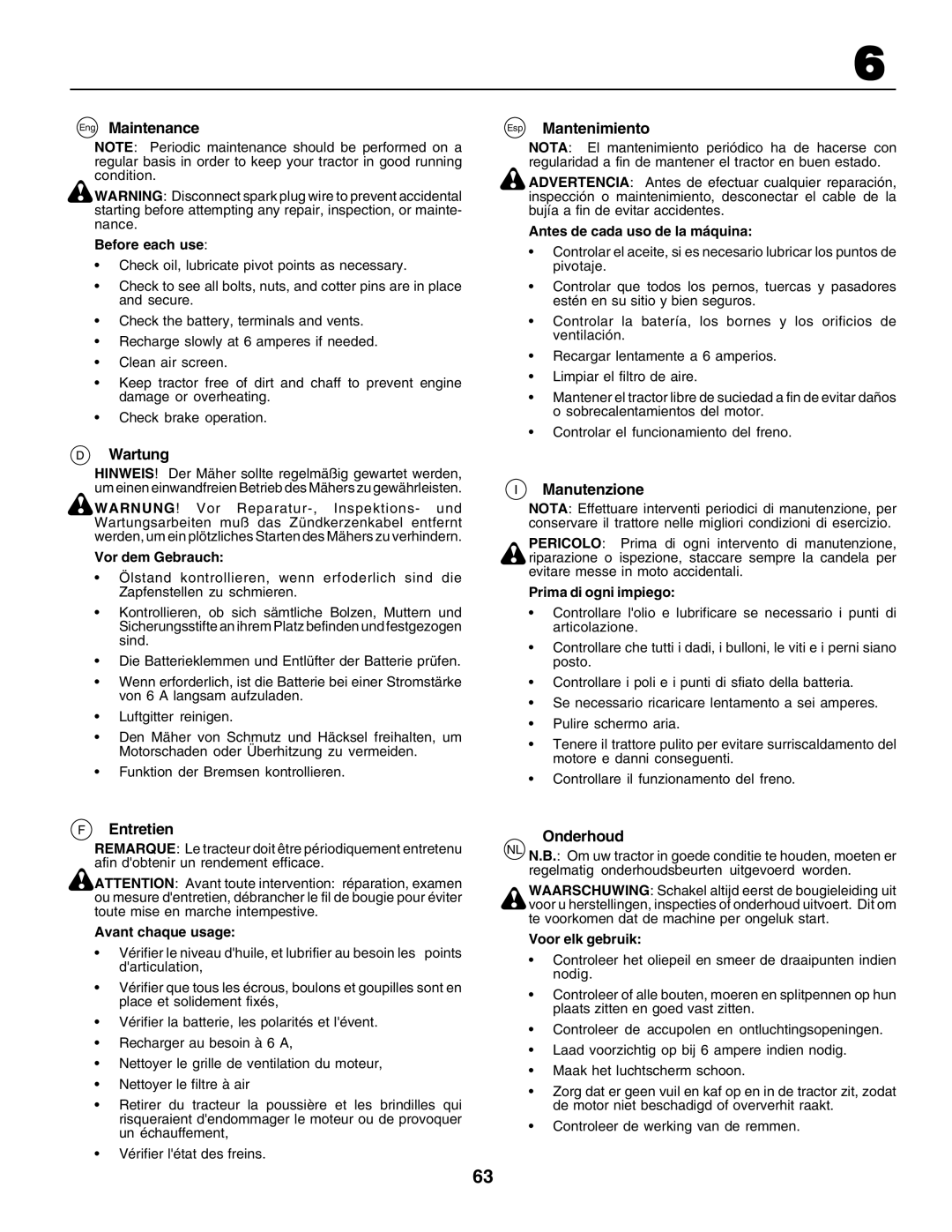 Husqvarna CTH200 instruction manual Eng Maintenance, Wartung, Entretien, Esp Mantenimiento, Manutenzione, Onderhoud 