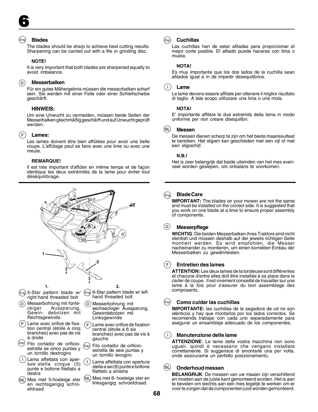 Husqvarna CTH200 instruction manual Eng Blades, Messerbalken, Lames, Esp Cuchillas, NL Messen, Eng Blade Care, Messerpflege 