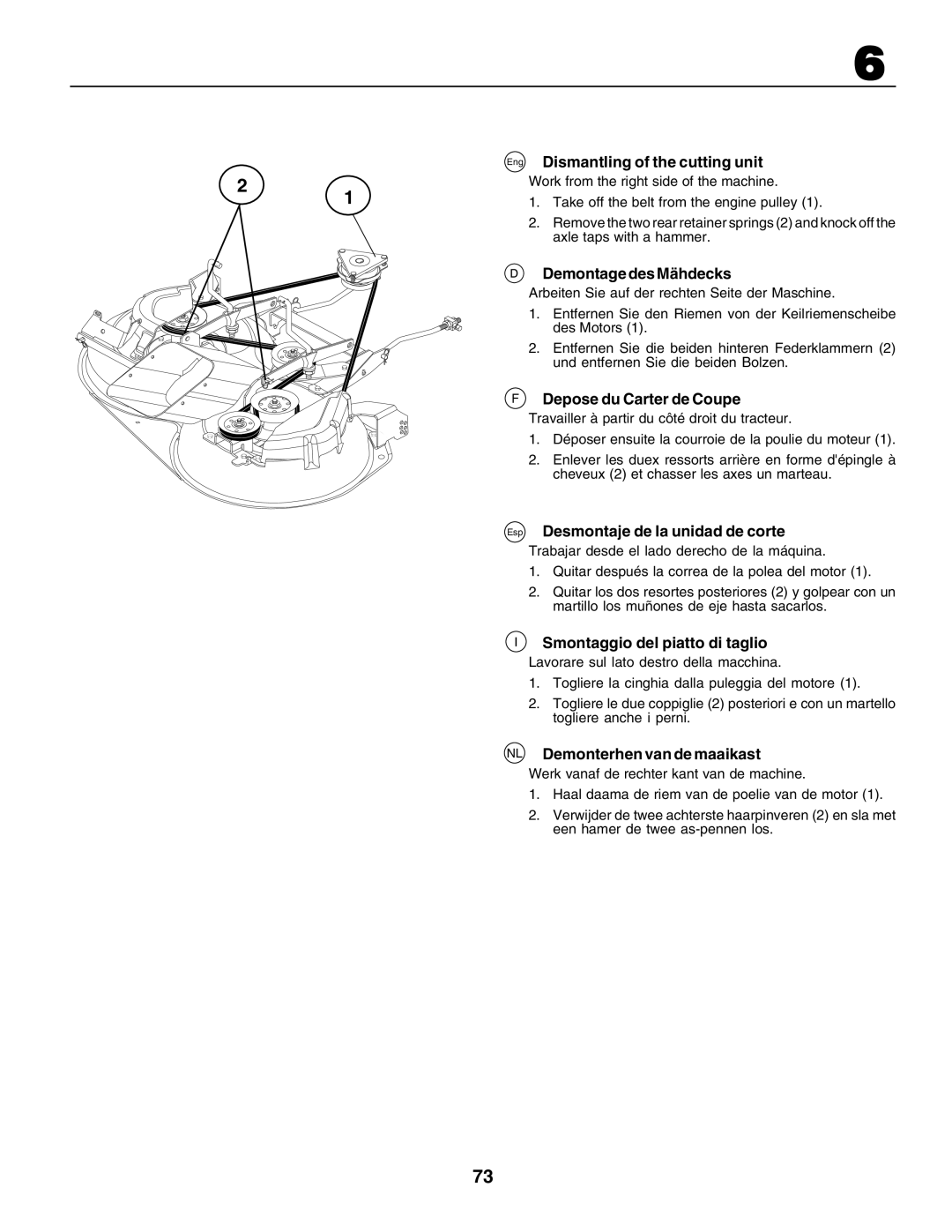 Husqvarna CTH200 instruction manual Dismantling of the cutting unit, Demontage des Mähdecks, Depose du Carter de Coupe 