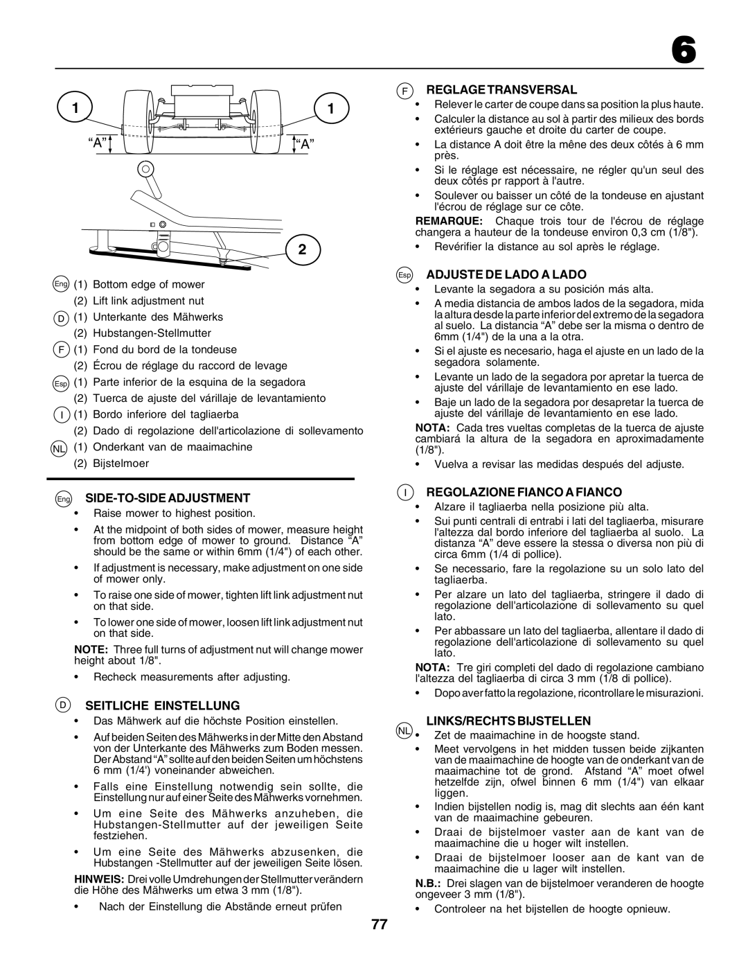 Husqvarna CTH200 Seitliche Einstellung, Reglage Transversal, Regolazione Fianco a Fianco, LINKS/RECHTS Bijstellen 