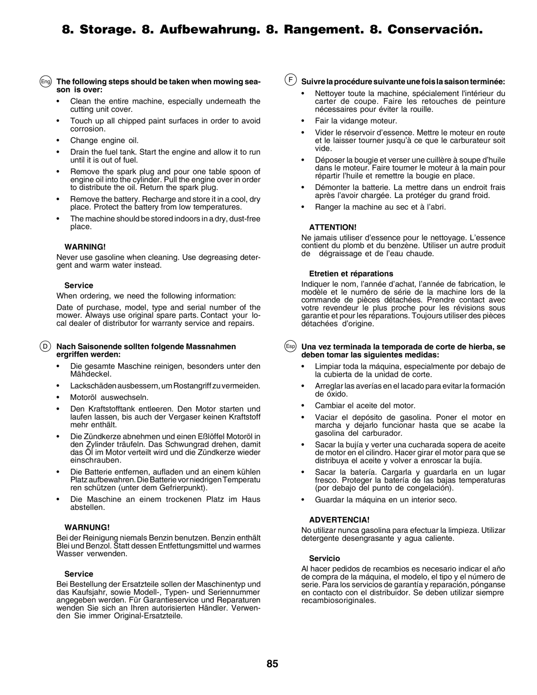 Husqvarna CTH200 Storage . Aufbewahrung . Rangement . Conservación, Service, Etretien et réparations, Servicio 