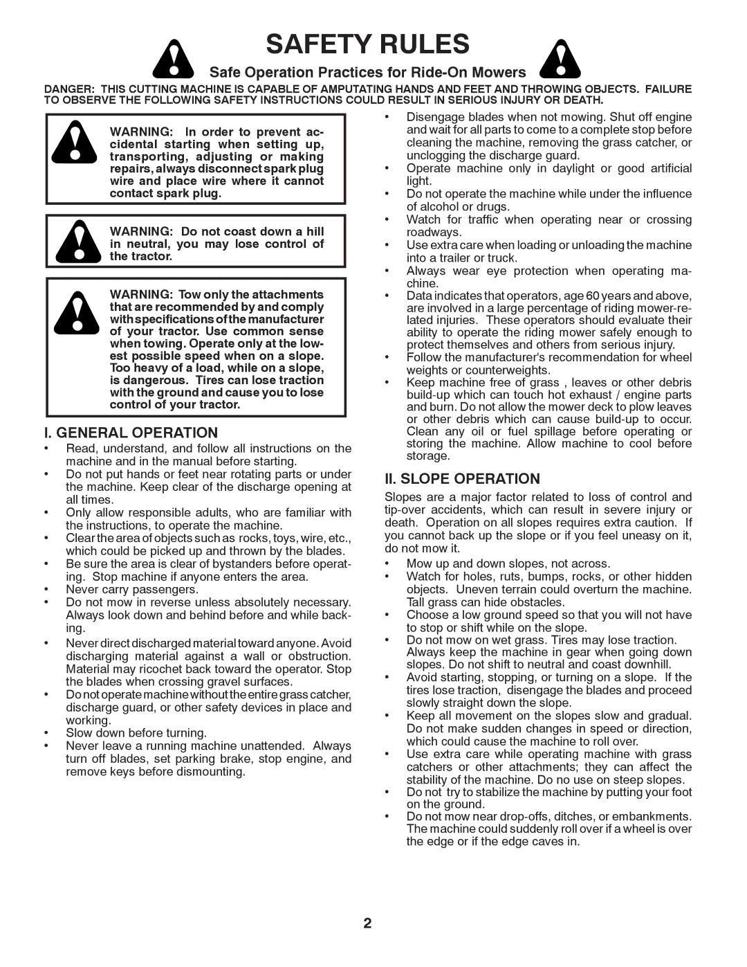 Husqvarna CTH2036 TWIN Safety Rules, Safe Operation Practices for Ride-On Mowers, General Operation, II. Slope Operation 