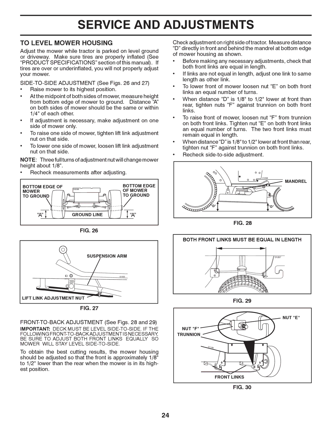 Husqvarna CTH2036 TWIN owner manual To Level Mower Housing, FRONT-TO-BACK Adjustment See Figs 