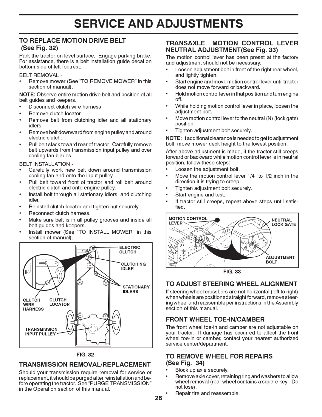 Husqvarna CTH2036 TWIN To Adjust Steering Wheel Alignment, Front Wheel TOE-IN/CAMBER, Transmission REMOVAL/REPLACEMENT 