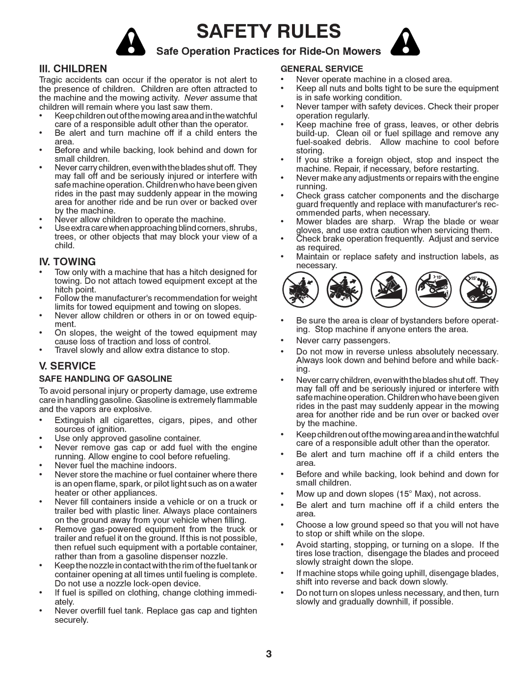 Husqvarna CTH2036 TWIN owner manual III. Children, IV. Towing, Service 