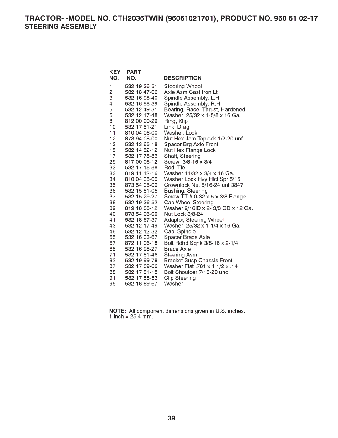 Husqvarna CTH2036 TWIN owner manual 532 19 Steering Wheel 