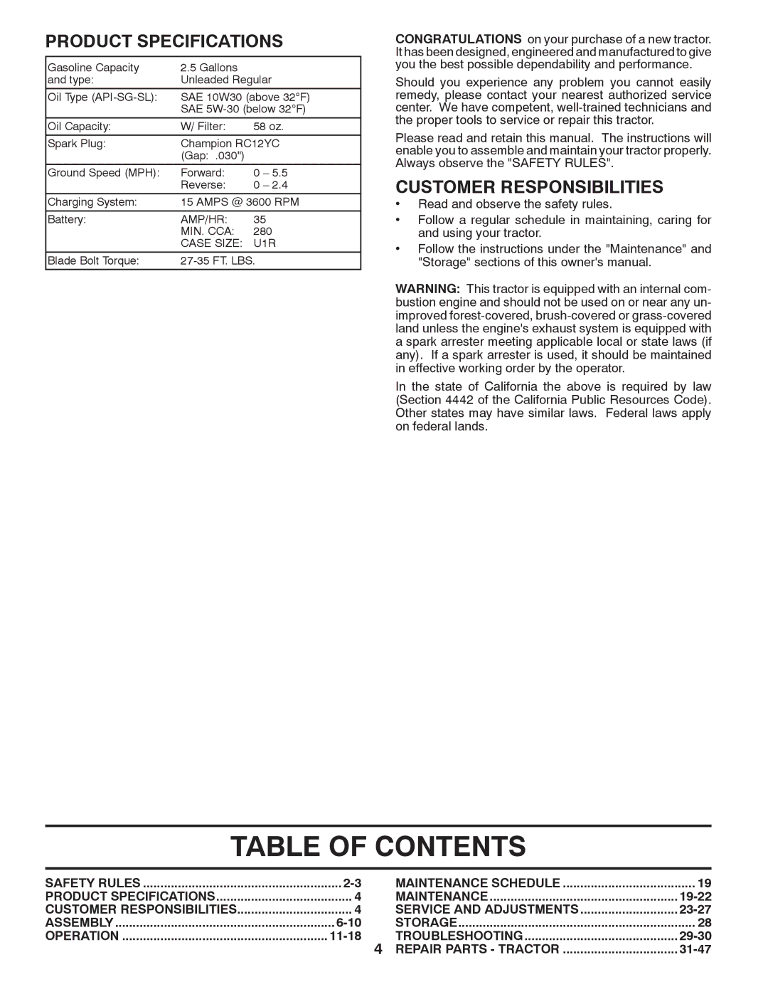 Husqvarna CTH2036 TWIN owner manual Table of Contents 