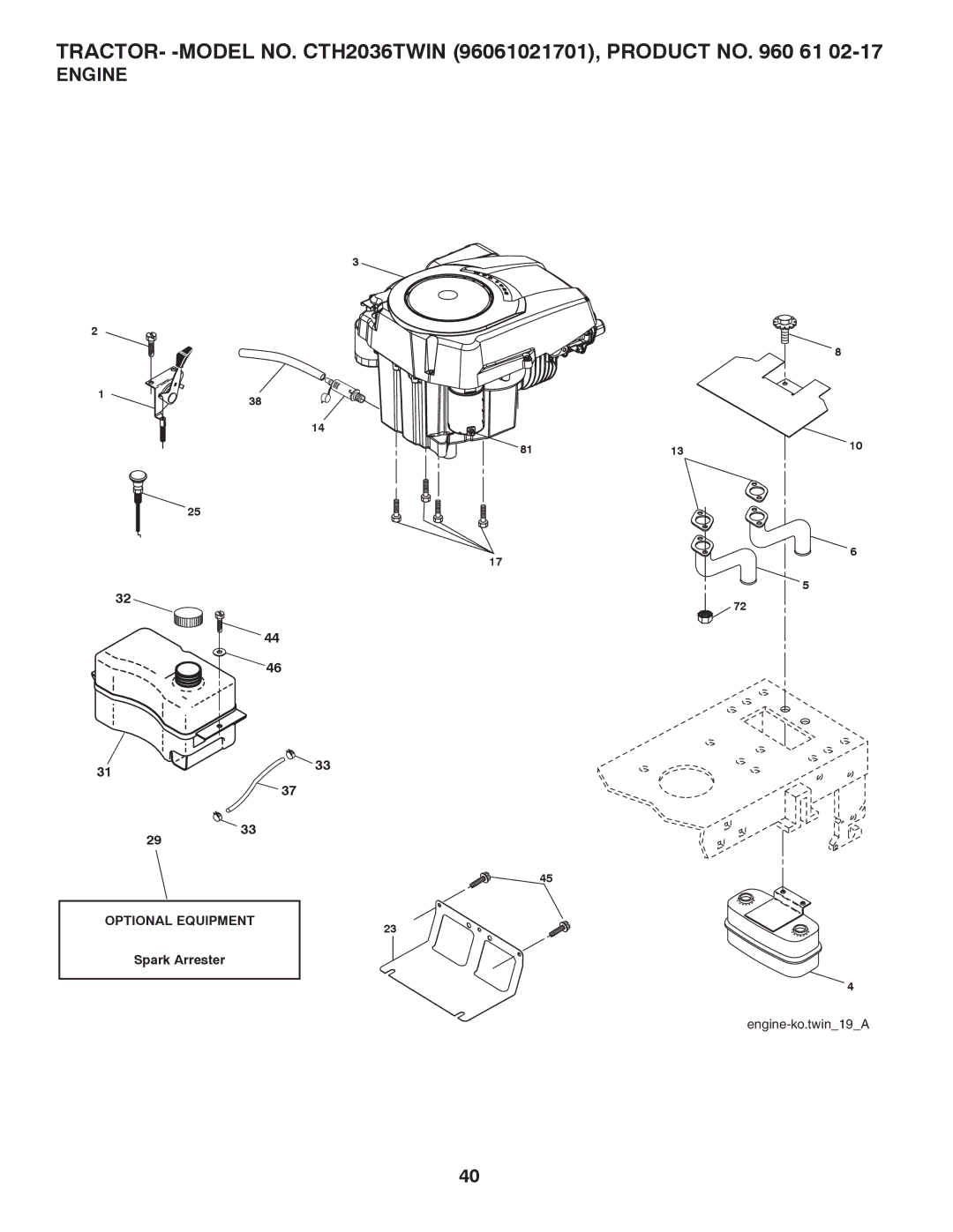 Husqvarna CTH2036 TWIN owner manual Engine 