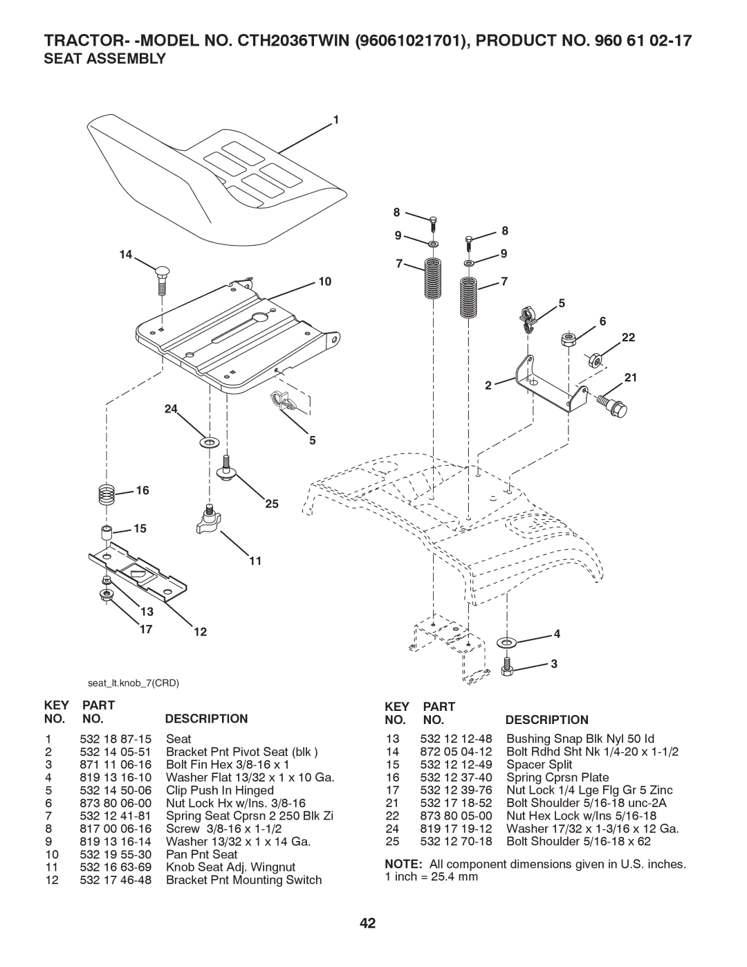 Husqvarna CTH2036 TWIN owner manual Seat Assembly, 532 18 Seat 