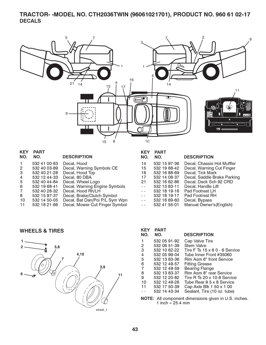 Husqvarna CTH2036 TWIN owner manual Decals, Wheels & Tires 