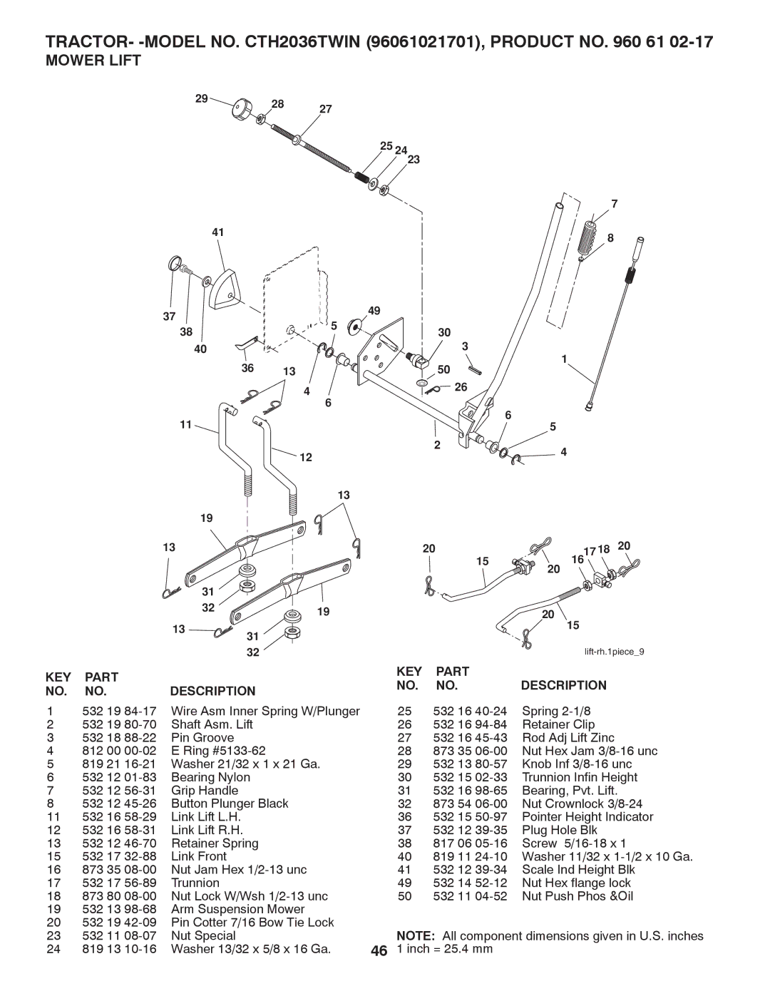 Husqvarna CTH2036 TWIN owner manual Mower Lift 