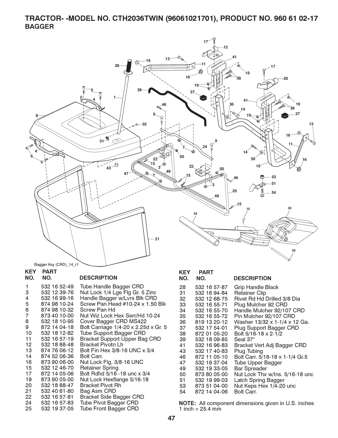 Husqvarna CTH2036 TWIN owner manual 532 16 52-49 Tube Handle Bagger CRD 