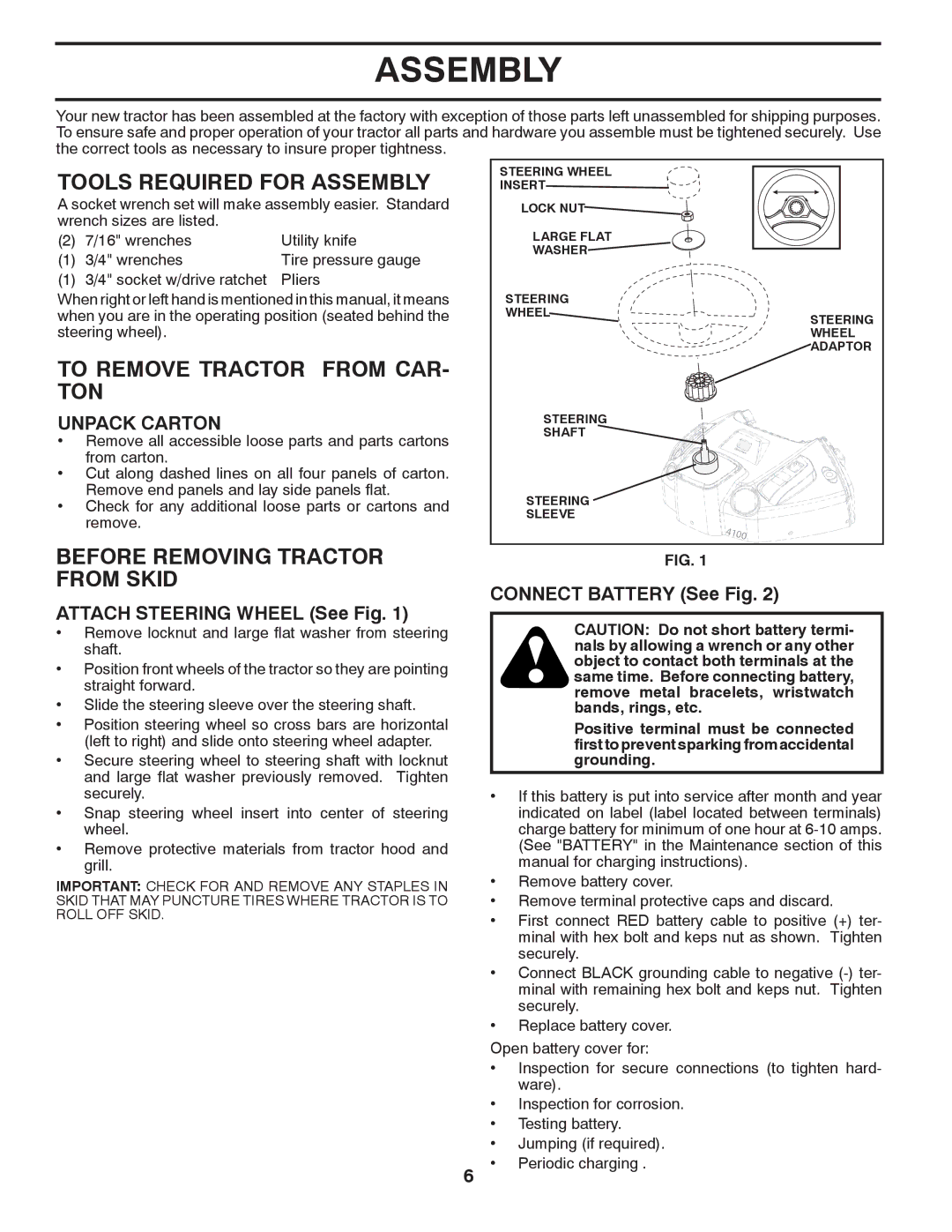 Husqvarna CTH2036 TWIN Tools Required for Assembly, To Remove Tractor from CAR- TON, Before Removing Tractor from Skid 