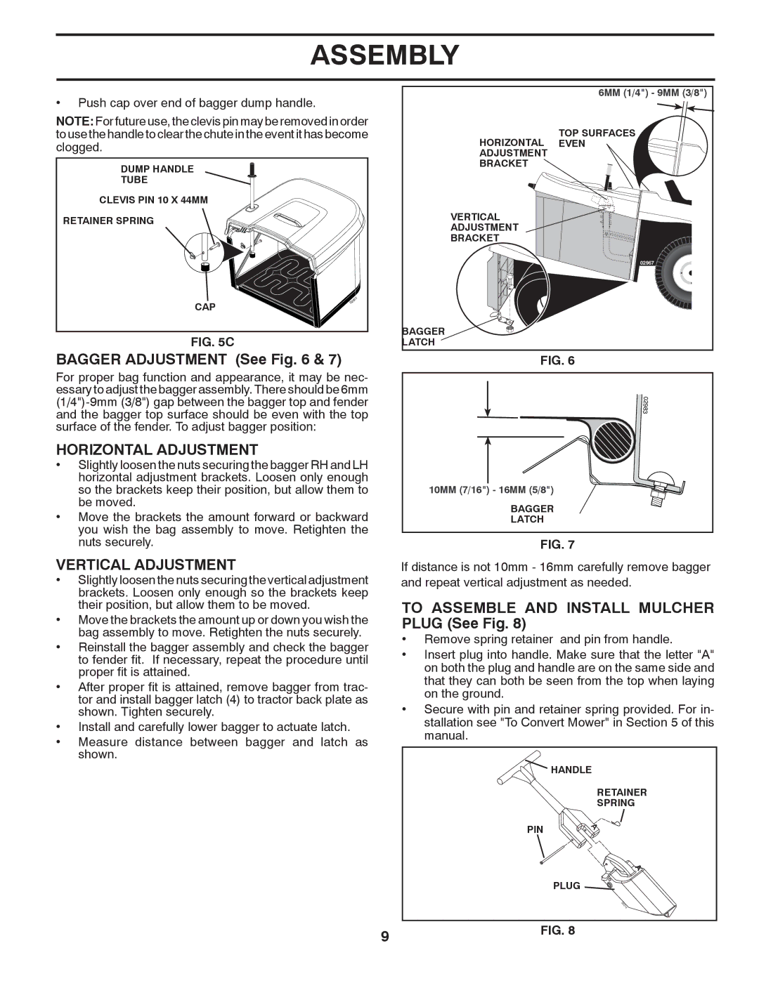 Husqvarna CTH2036 TWIN owner manual Bagger Adjustment See, Horizontal Adjustment, Vertical Adjustment 