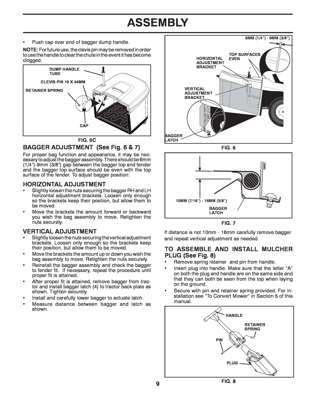 Husqvarna CTH2036 TWIN owner manual BAGGER ADJUSTMENT See, Horizontal Adjustment, Vertical Adjustment, Assembly 