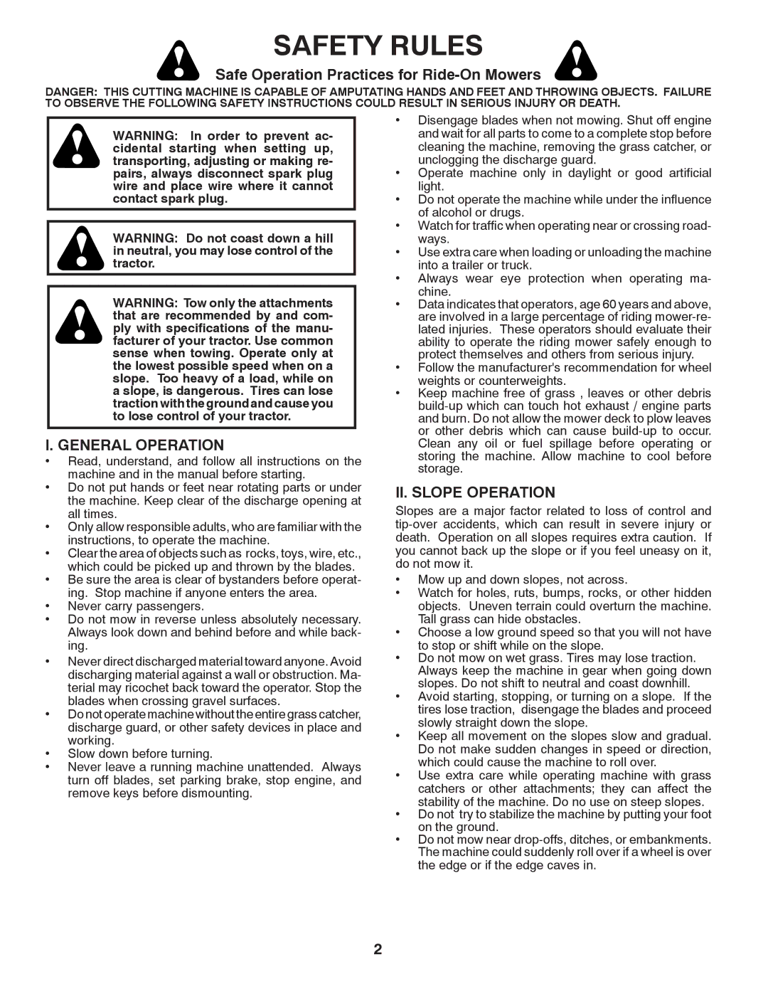 Husqvarna CTH2036 XP Safety Rules, Safe Operation Practices for Ride-On Mowers, General Operation, II. Slope Operation 