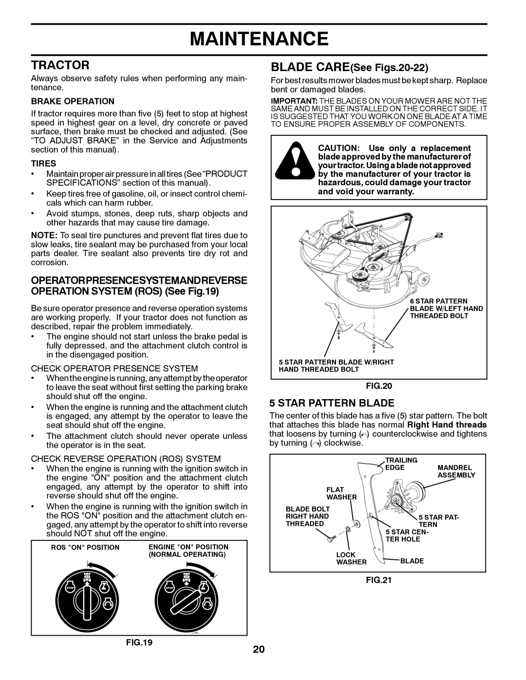 Husqvarna CTH2036 XP owner manual Tractor, Blade CARESee Figs.20-22, Star Pattern Blade 