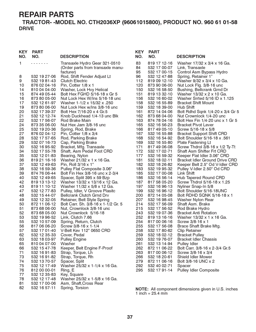 Husqvarna CTH2036 XP owner manual Repair Parts 