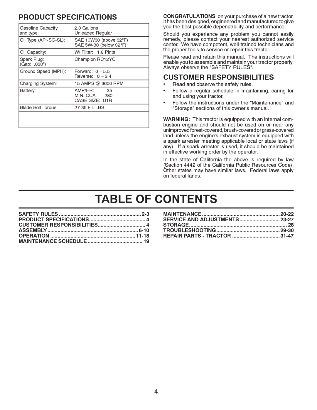 Husqvarna CTH2036 XP owner manual Table of Contents 