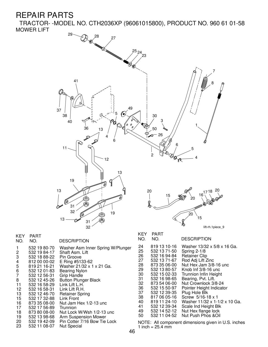 Husqvarna CTH2036 XP owner manual Mower Lift 