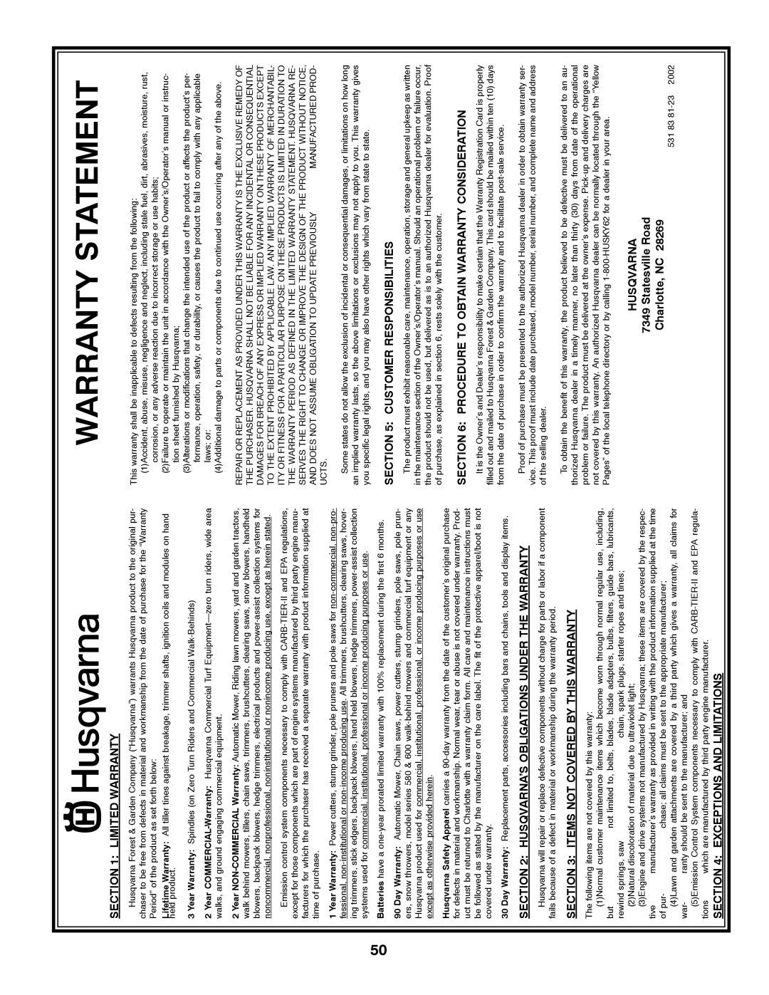 Husqvarna CTH2036 XP owner manual Warranty Statement 