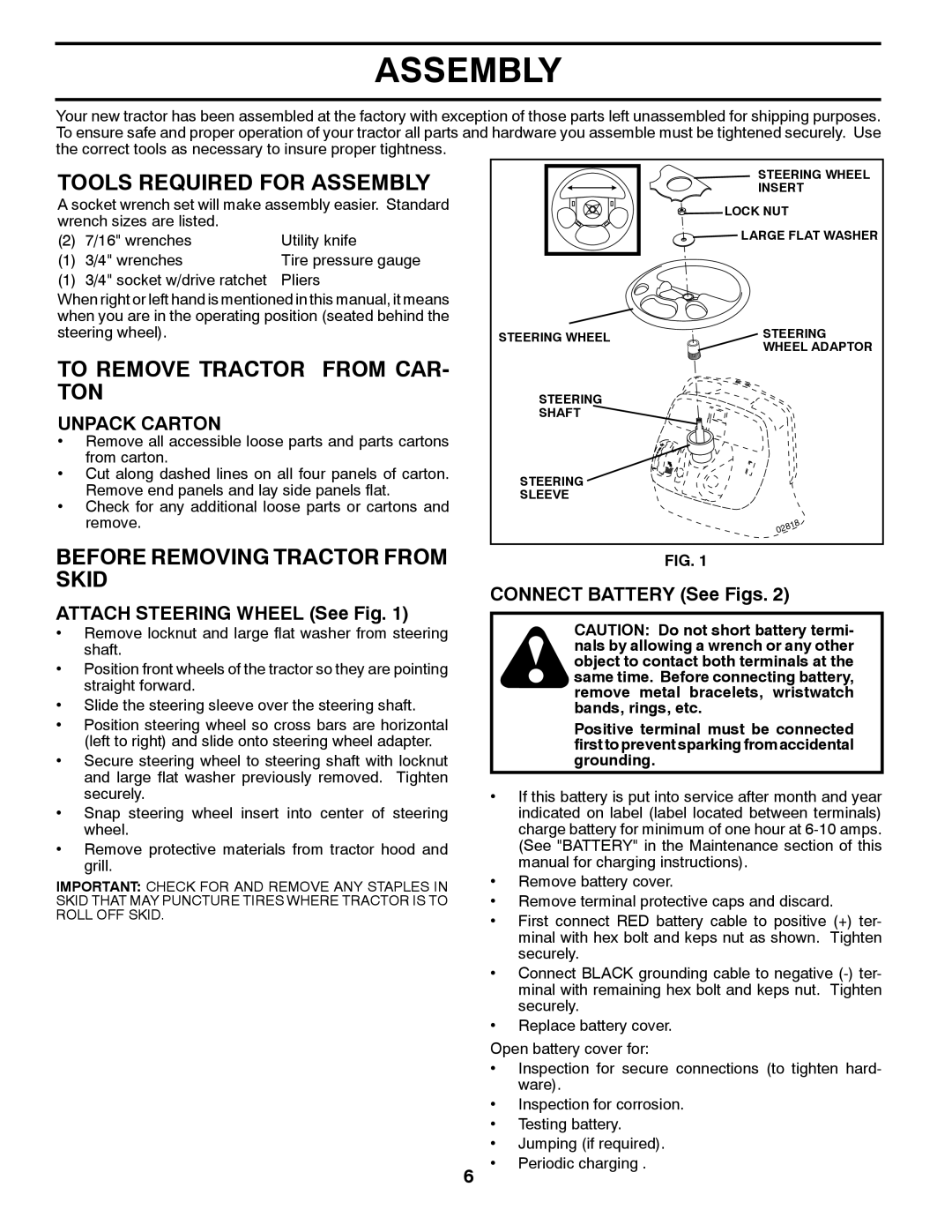 Husqvarna CTH2036 XP Tools Required for Assembly, To Remove Tractor from CAR- TON, Before Removing Tractor from Skid 