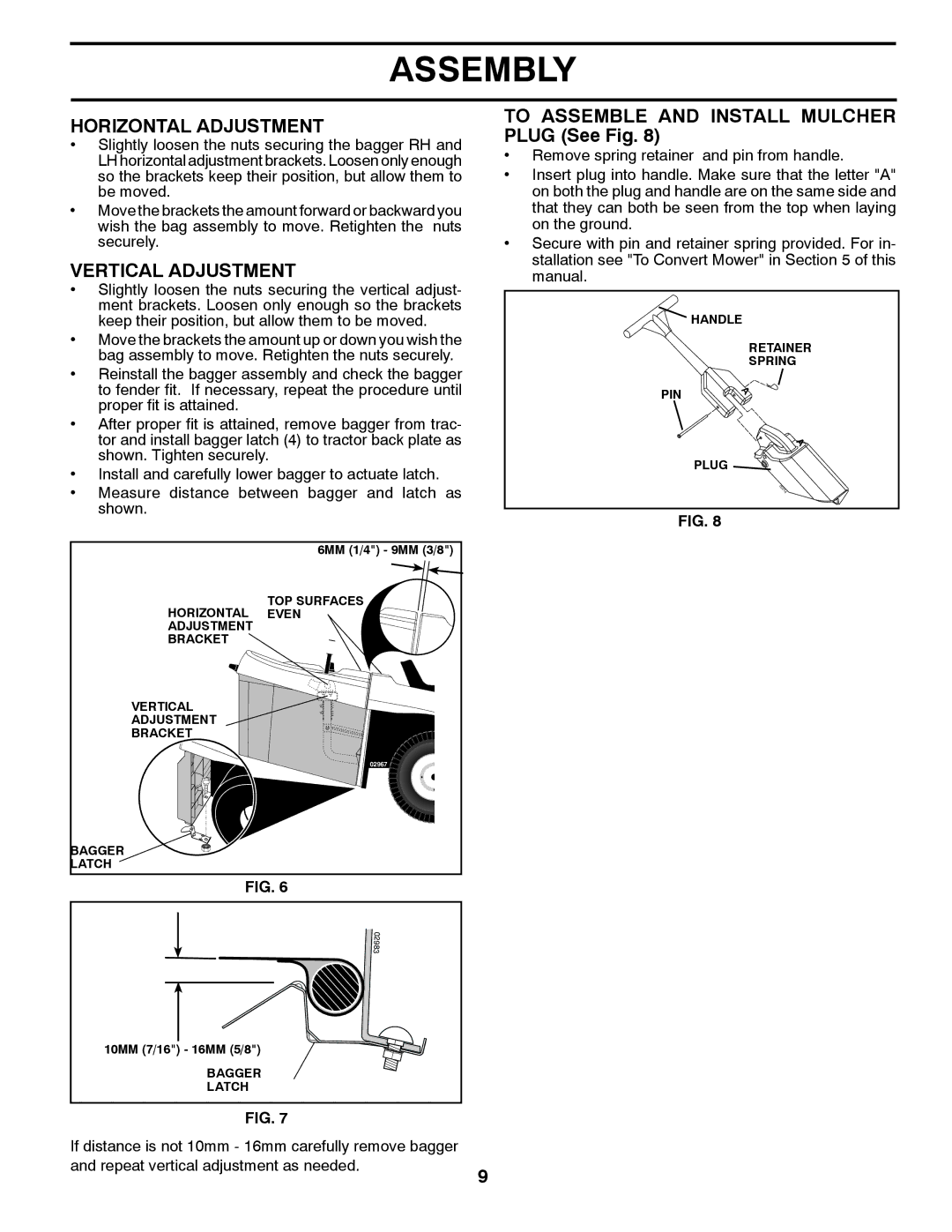 Husqvarna CTH2036 XP owner manual Horizontal Adjustment, Vertical Adjustment, To Assemble and Install Mulcher Plug See Fig 