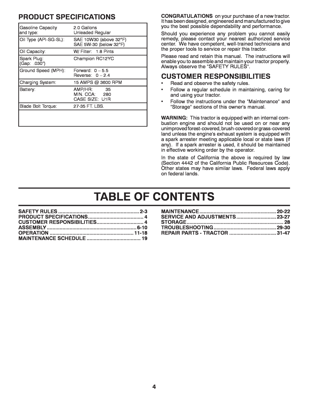 Husqvarna CTH2036 XP owner manual Table Of Contents, Product Specifications, Customer Responsibilities 