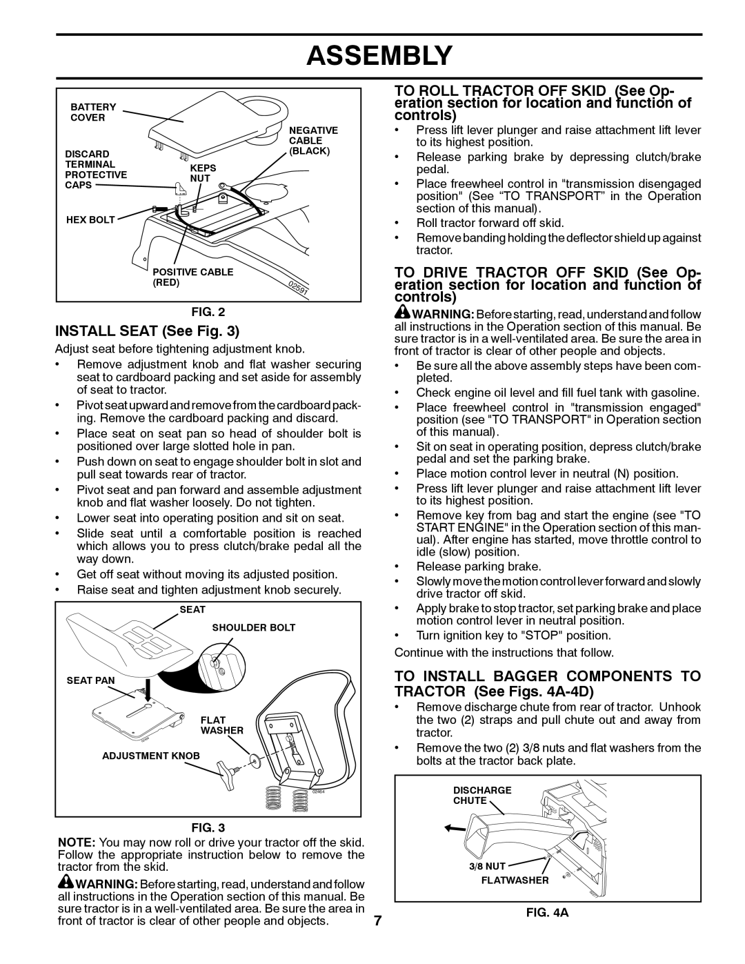 Husqvarna CTH2036 XP owner manual INSTALL SEAT See Fig, To Install Bagger Components To, TRACTOR See Figs. 4A-4D, Assembly 