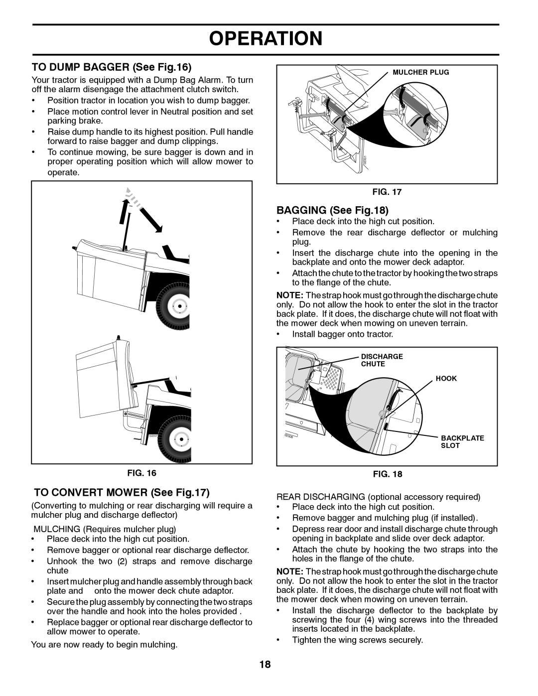 Husqvarna CTH2036 owner manual To Dump Bagger See, Bagging See, To Convert Mower See 