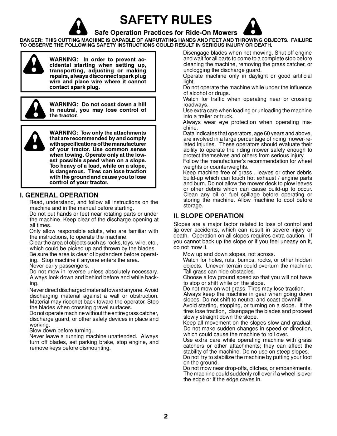 Husqvarna CTH2036 Safety Rules, Safe Operation Practices for Ride-On Mowers, General Operation, II. Slope Operation 